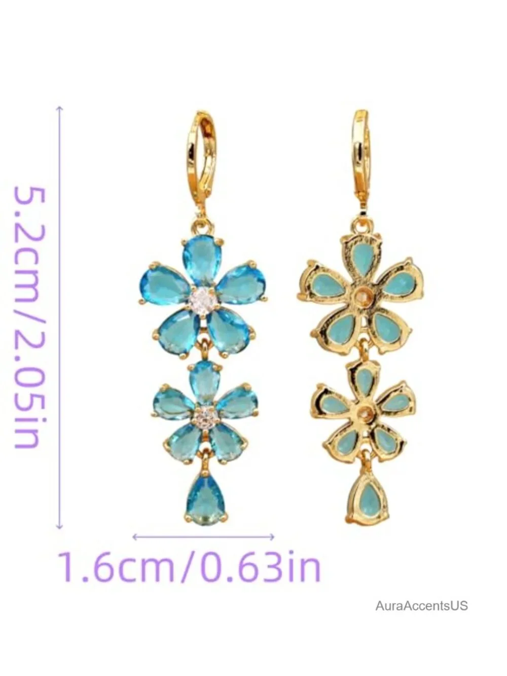 18K Gold Plated Flower Dangle Earrings, Hypoallergenic Cubic Zirconia Drop